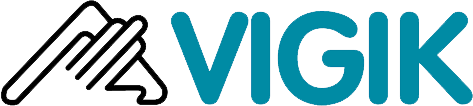 Logo de la société VIGIK, lettres bleu sarcelle avec une icône en forme de main à gauche.