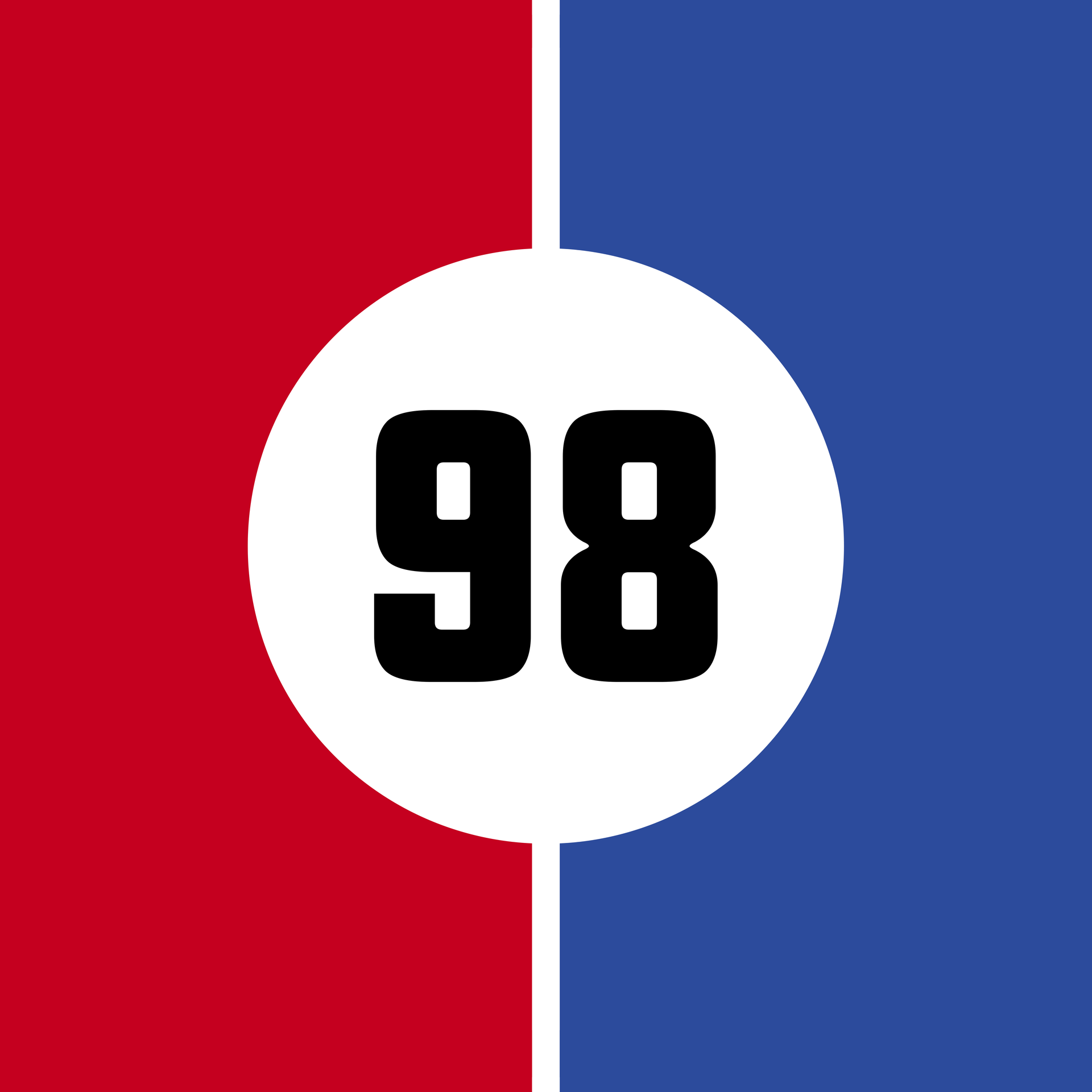 Die Zahl 98 steht in einem weißen Kreis auf rot-blauem Grund.