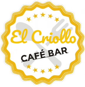 Logotipo para El Criollo Café Bar, amarillo y blanco, con texto y tenedor y cuchara cruzados.