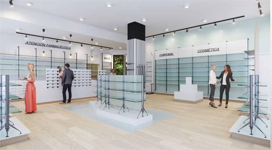 Diseño de góndolas para farmacia con acceso fácil al cliente