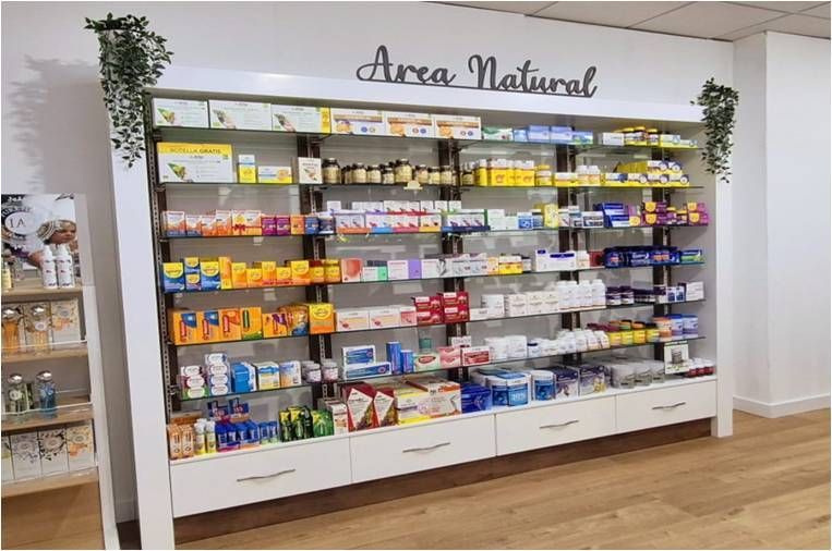 Estanterías lineales para productos farmacéuticos en pared