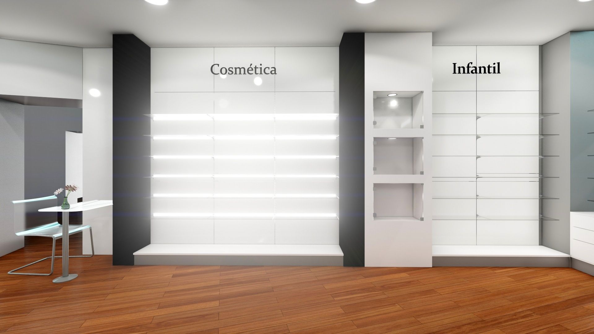 Lineales de pared para farmacia con exposición organizada de productos