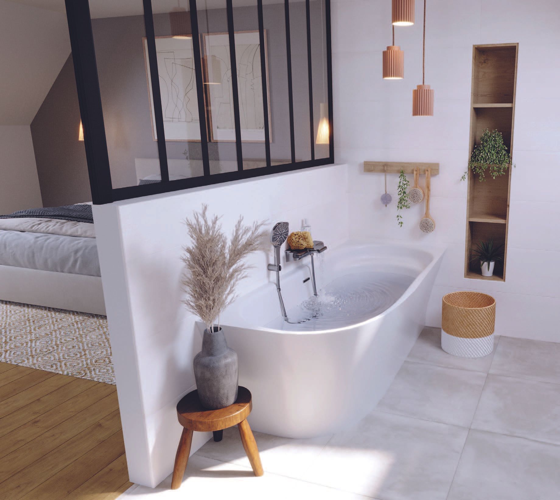 Baignoire en cours de remplissage dans une salle de bains ouverte