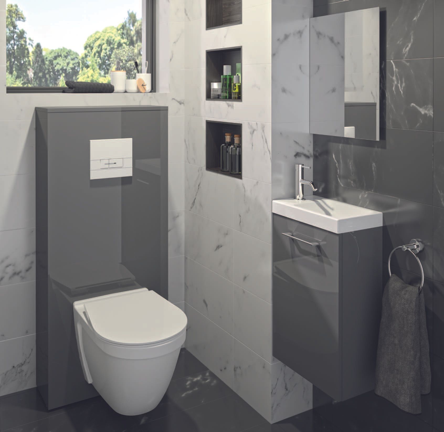 Toilettes murales et petit lavabo