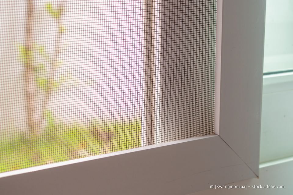 Nahaufnahme eines Fliegengitters in einem weißen Rahmen, durch das Gitter ist ein verschwommener grüner Hintergrund sichtbar.