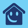 Icône de maison souriante, bleu foncé sur fond bleu clair, visage joyeux.