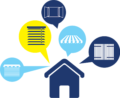 Maison avec des bulles de dialogue illustrant différents types de stores et de volets : stores, volets, auvent et une fenêtre.