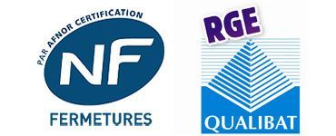 Logos for NF Fermetures certification, RGE, and Qualibat.