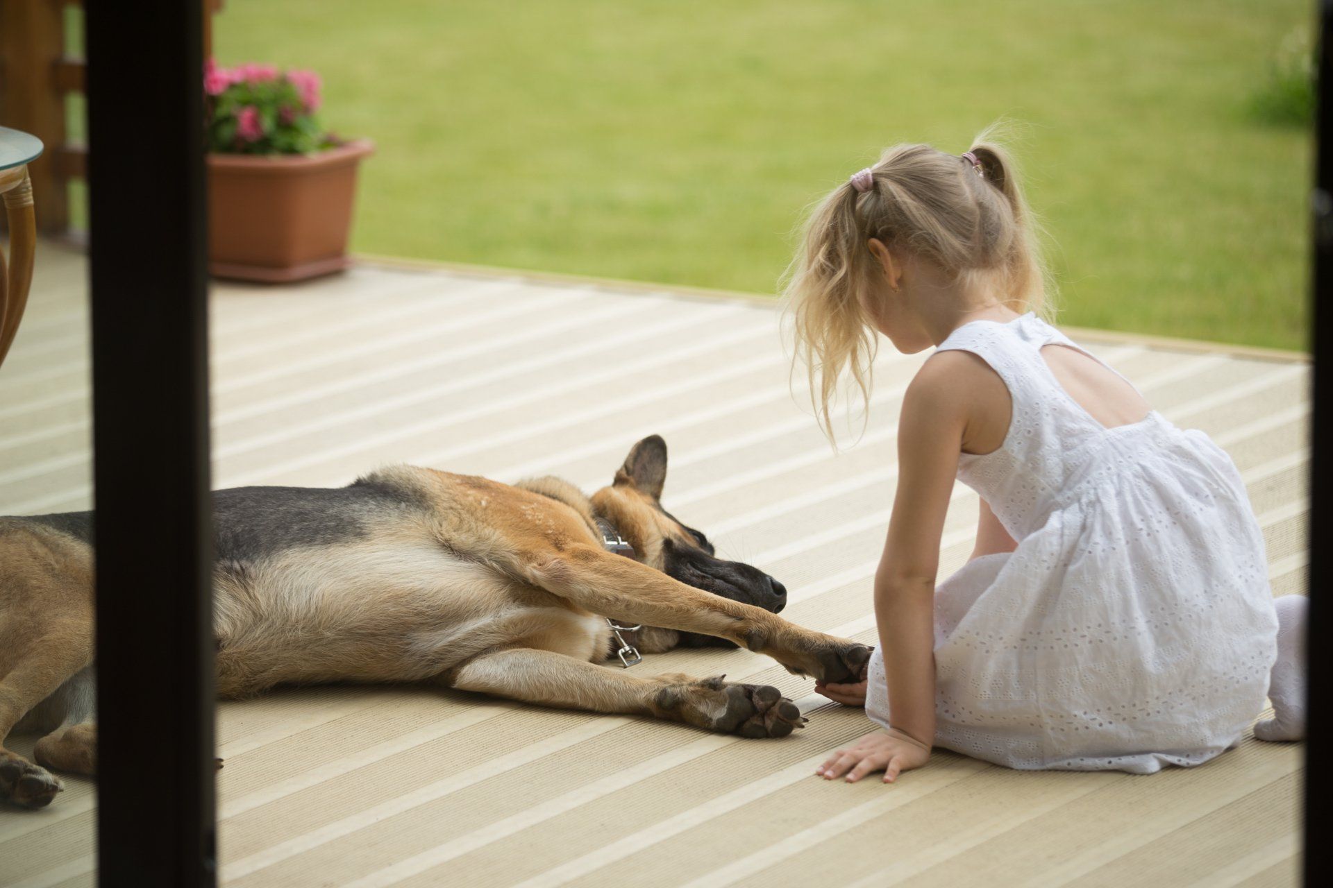 Terrasse ombragée avec un chien et une petite fille