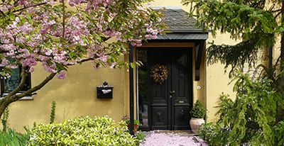 Porte d'entrée d'une maison jaune avec un cerisier en fleurs, de petits buissons et une couronne sur la porte.
