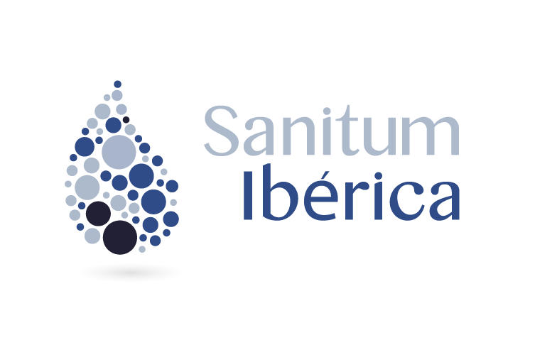 El logotipo de sanitum iberica tiene una gota de agua formada por círculos.