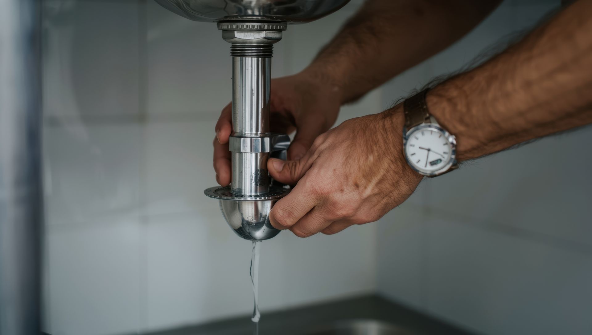 Gros plan sur des mains portant une montre, serrant un siphon métallique en forme de P d'évier.
