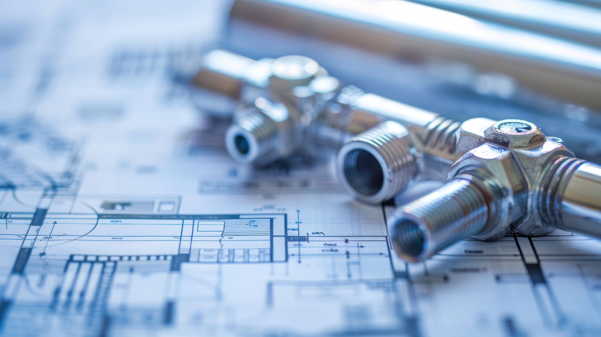 Des éléments de plomberie en métal poli posés sur des plans techniques de construction.