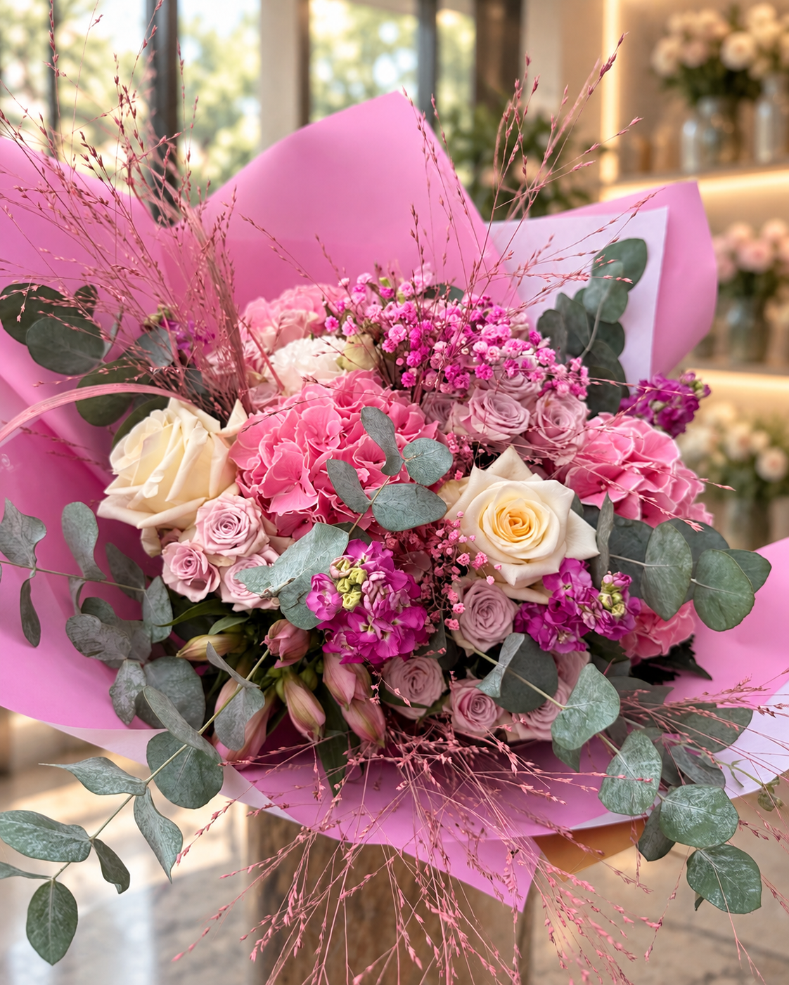 Eine Person hält eine schwarze Schachtel voller rosa und weißer Blumen.