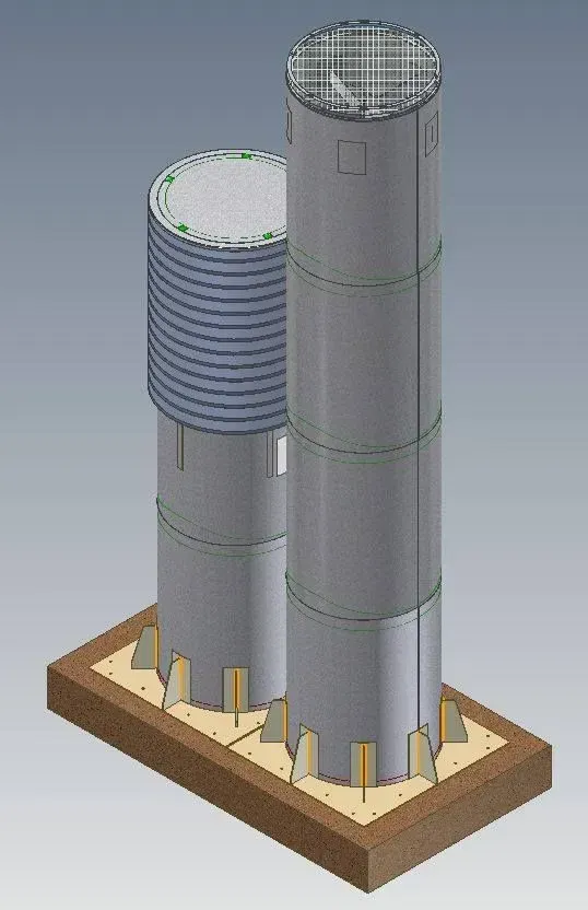 Modèle 3D de deux tours cylindriques sur une base en bois, peut-être une conception architecturale.