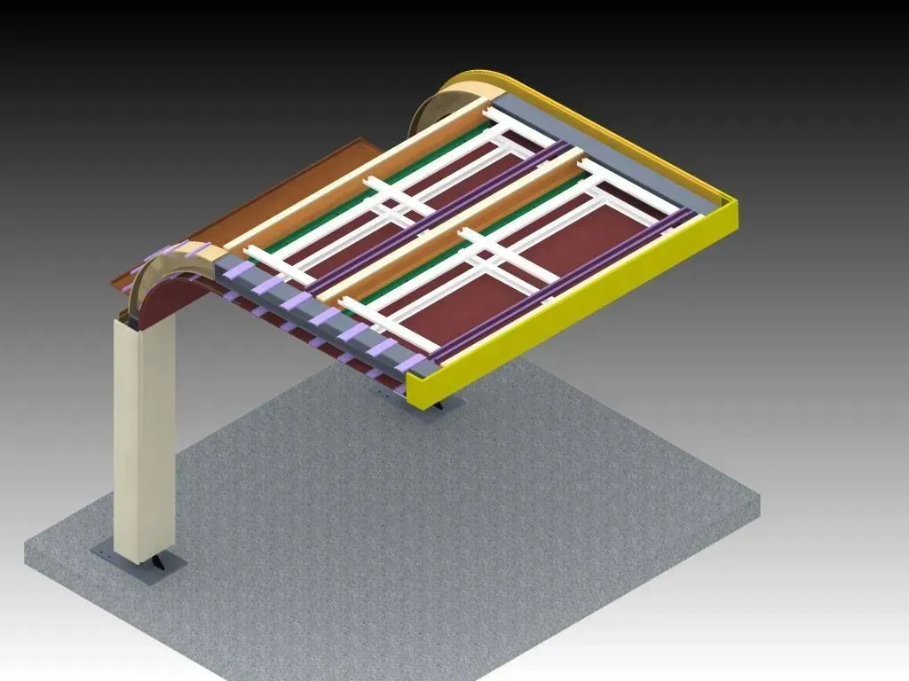 Rendu isométrique d'un auvent à bordure jaune avec traverses.