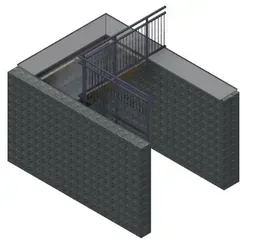 Rampe basse avec garde-corps et murs de briques. Design gris et noir.