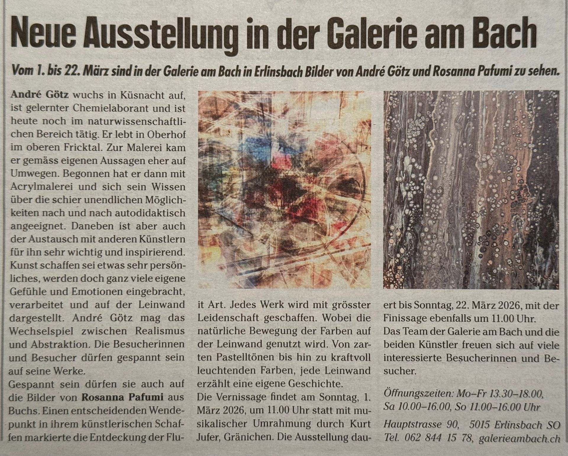 Ausstellung in der Galerie am Bach, Erlinsbach; Bericht im Niederämter Anzeiger, Februar 2026