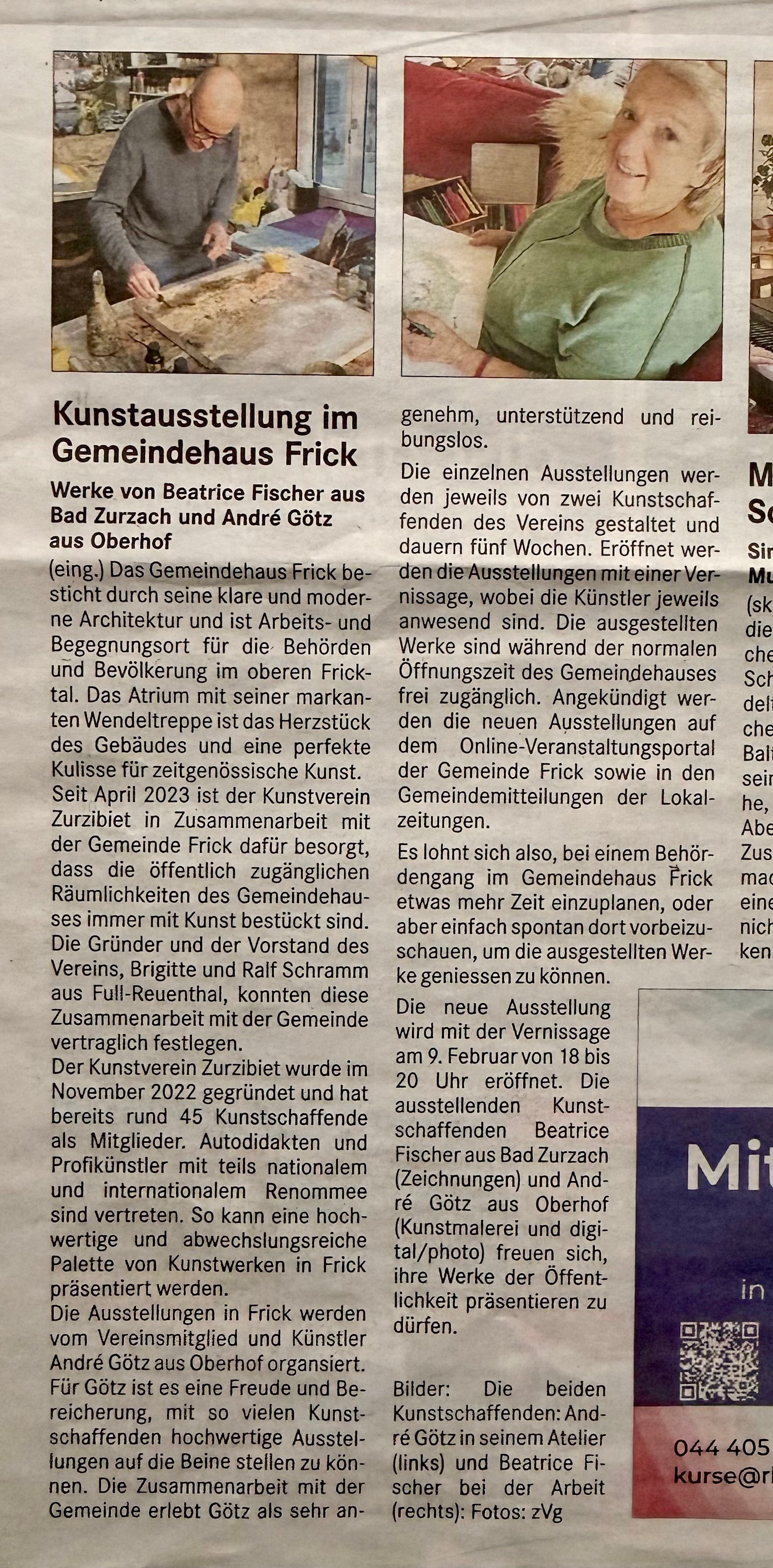 Ausstellung im Gemeindehaus Frick; Bericht in Fricktal.Info, Februar 2024