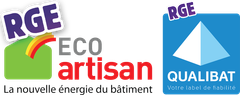 Logos RGE ECO artisan, la nouvelle énergie bâtiment, RGE Qualibat votre label de fiabilité.