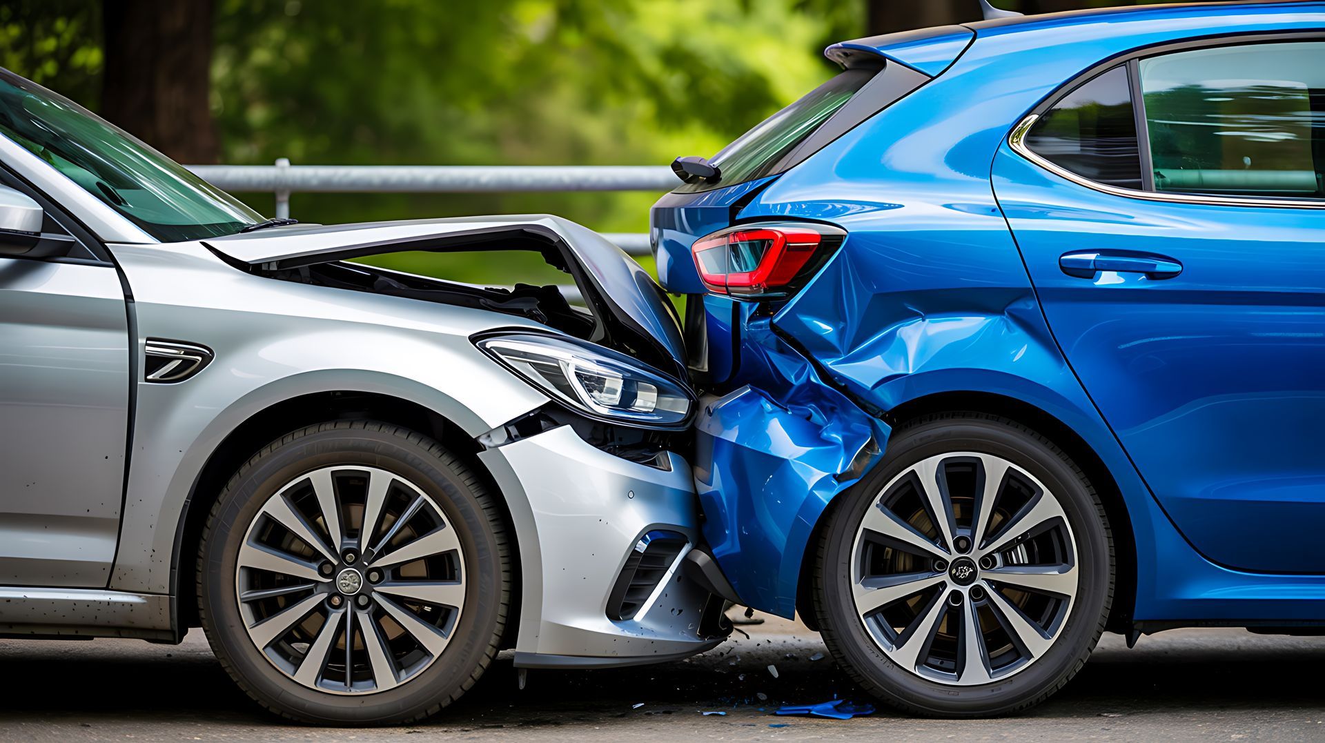 Deux voitures, une argentée et une bleue, endommagées à l'avant et à l'arrière, sont entrées en collision par l'arrière sur une route.