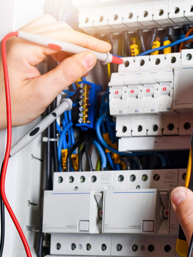 Personne testant un panneau électrique avec un multimètre, fils et disjoncteurs visibles.
