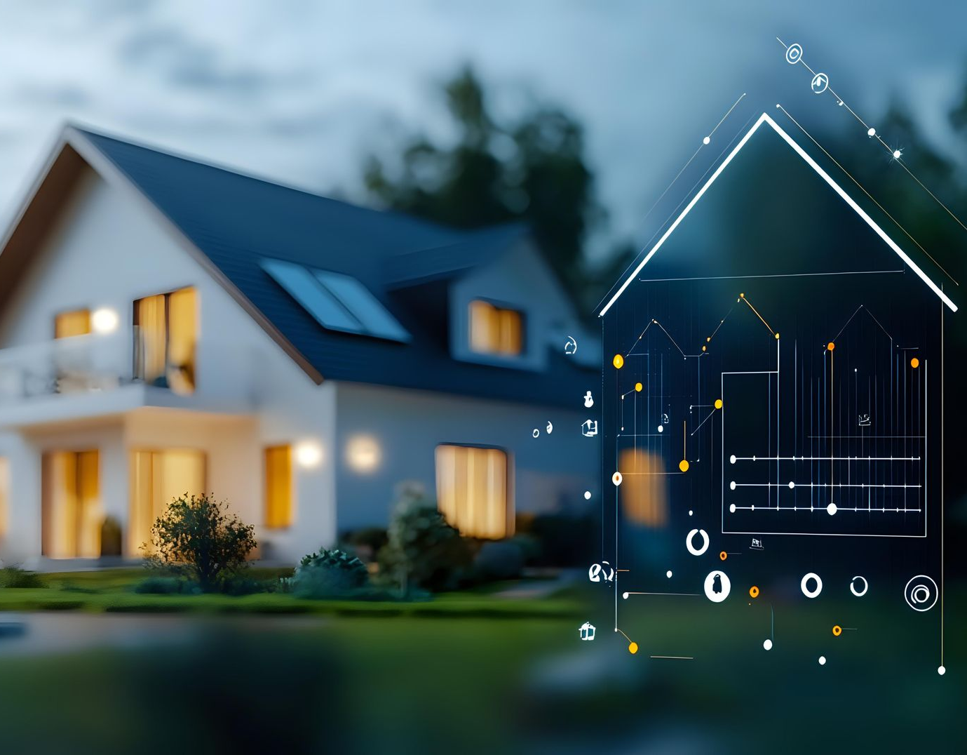 Maison avec superposition de maisons intelligente, comportant des lignes et des icônes lumineuses.