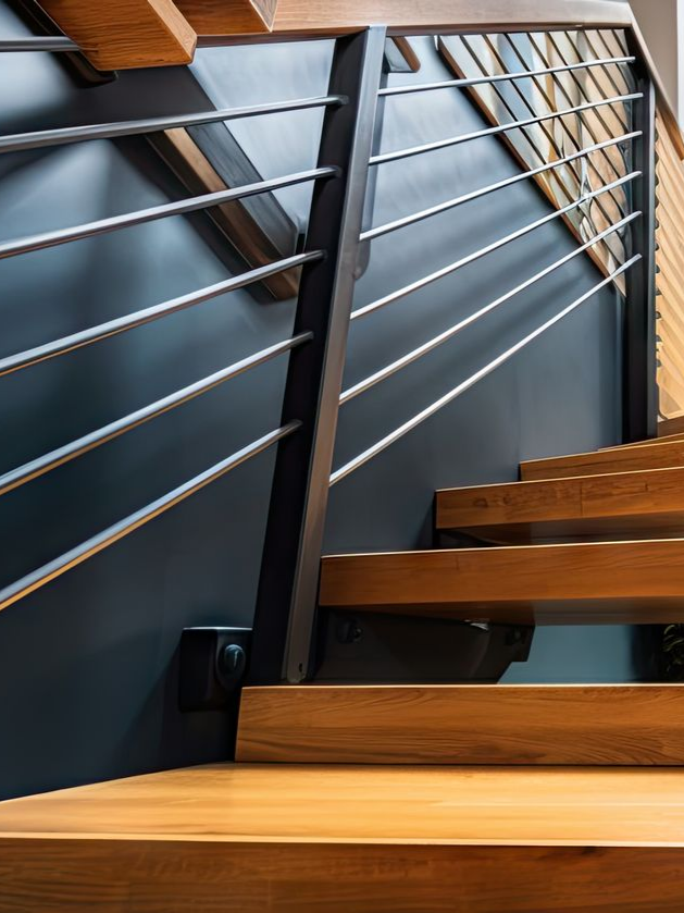 Escalier en bois avec rampe en métal contre un mur bleu foncé.