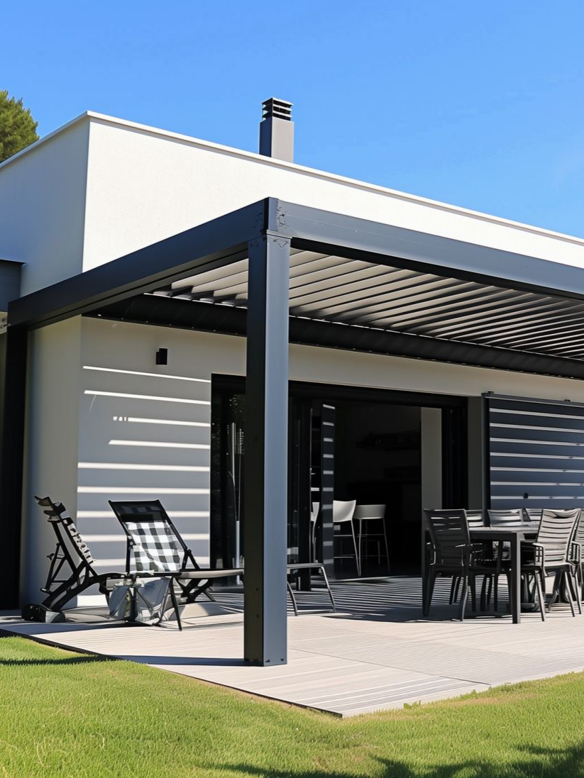 Maison moderne avec pergola noire et mobilier de patio.