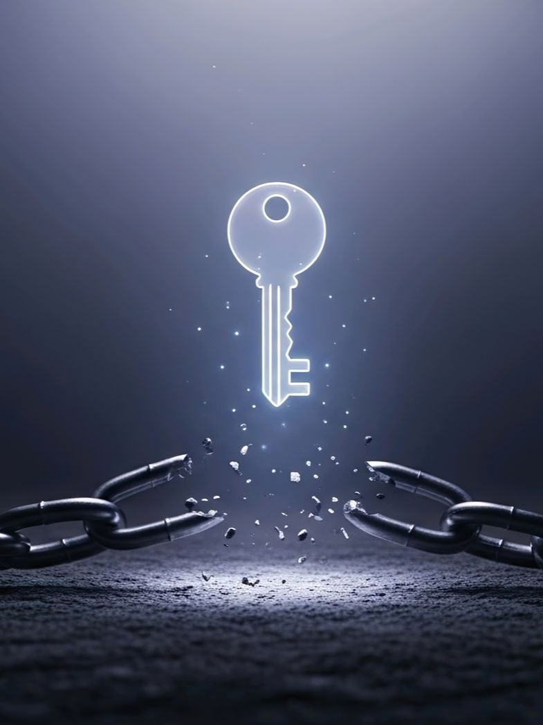 Porte-clés lumineux brisant des chaînes. Fond sombre et abstrait.