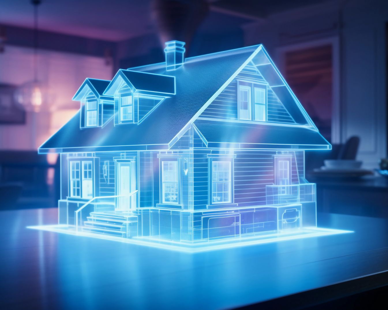 Modèle de maison bleue holographique sur une surface réfléchissante, intérieur flou en arrière-plan.