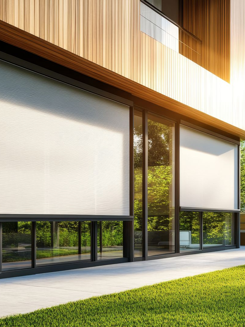 Extérieur d'un bâtiment moderne avec des pare-soleil blancs couvrant partiellement de grandes fenêtres, paysage verdoyant visible.