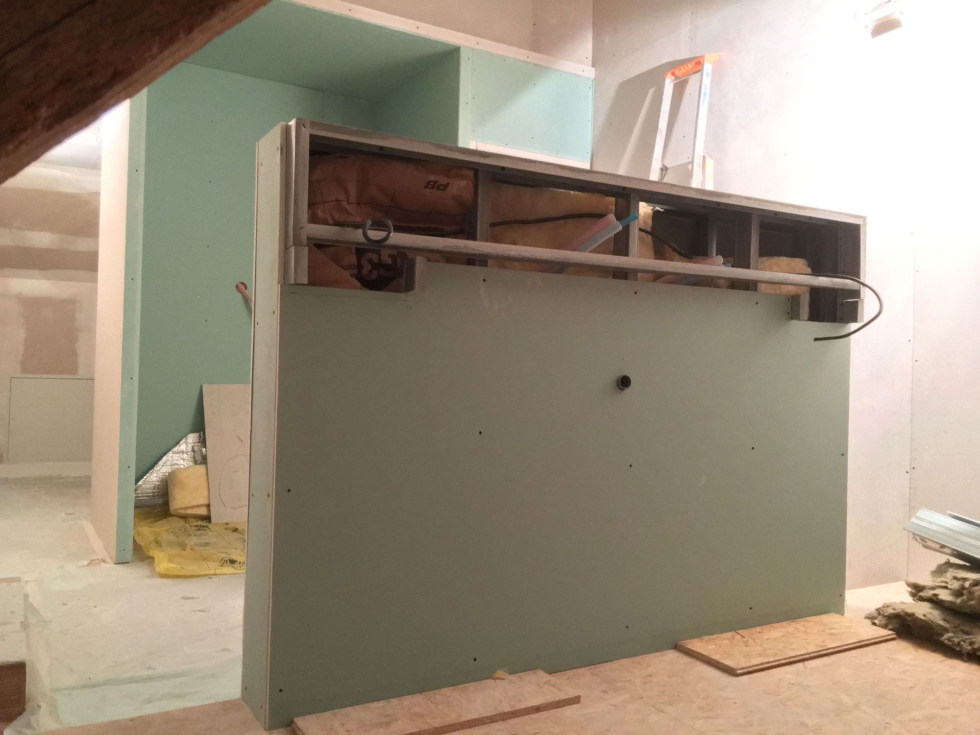 Aménagement intérieur : cloison en plaques de plâtre recouvrant partiellement une séparation de pièce. Murs végétaux, ossature bois, échelle visible.