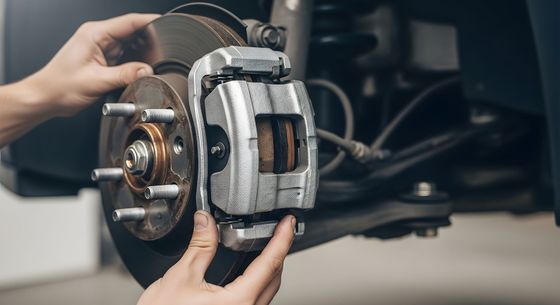 Des mains inspectent le disque et l'étrier de frein d'une voiture lors de l'entretien.