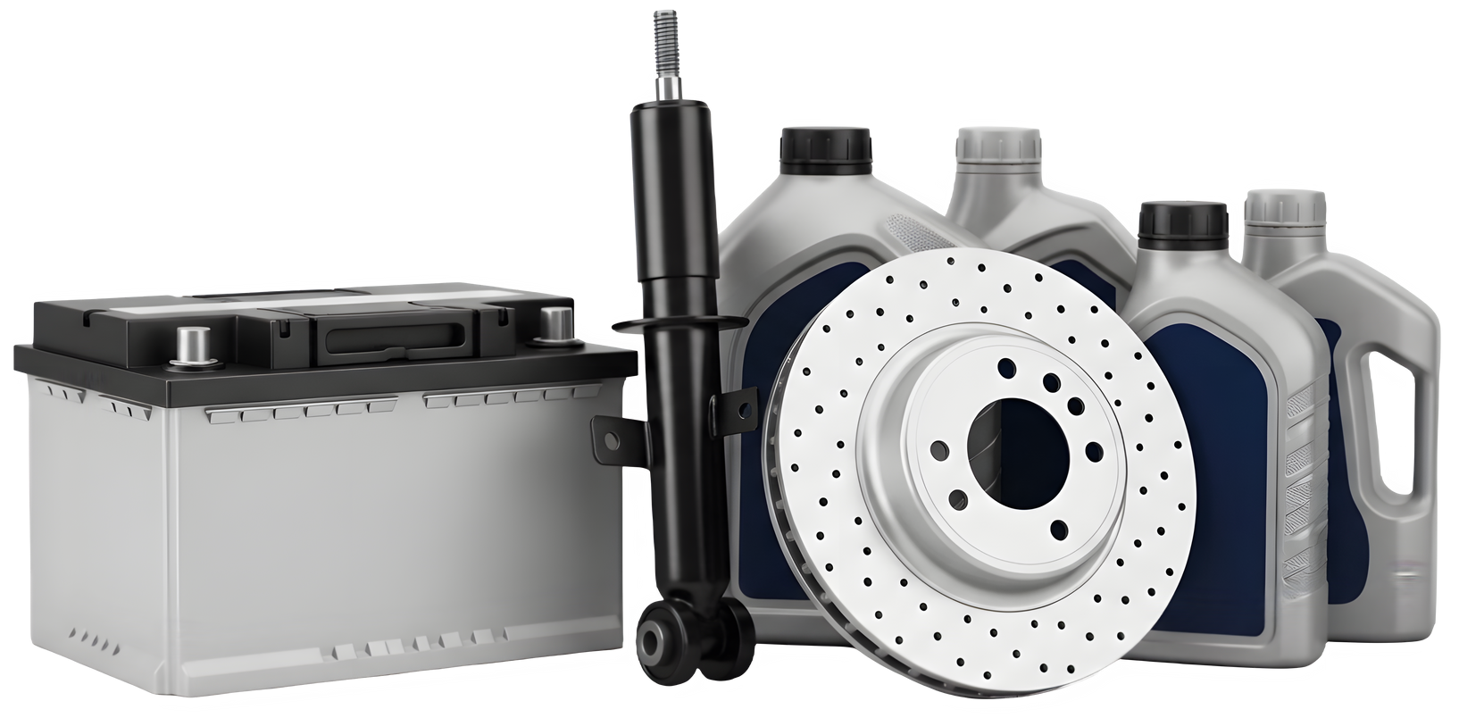 Batterie de voiture avec câbles de démarrage, disque de frein et bidons d'huile de moteur.