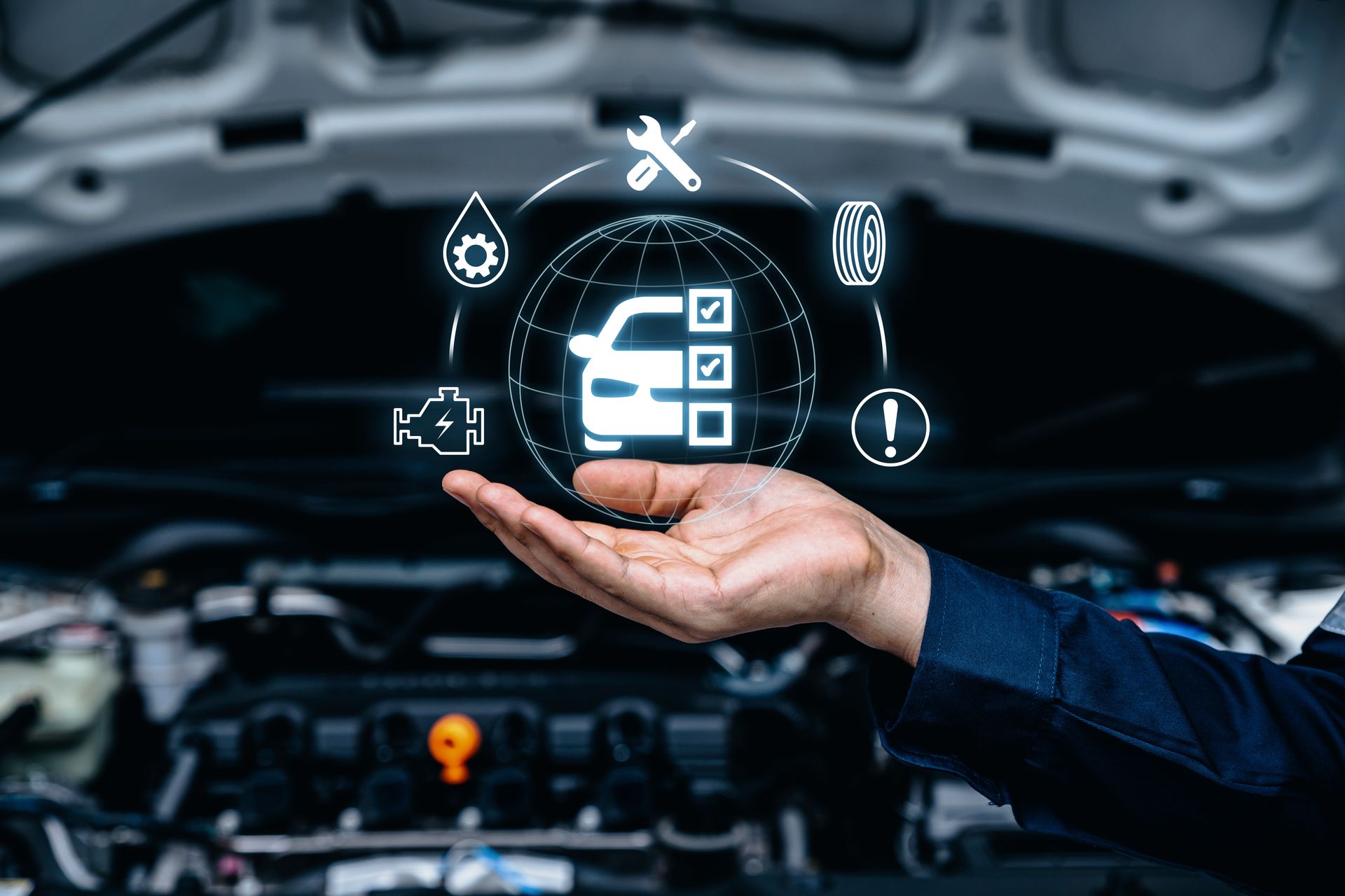 Main qui tient des représentations lumineuses de diagnostic devant le moteur d'une voiture.