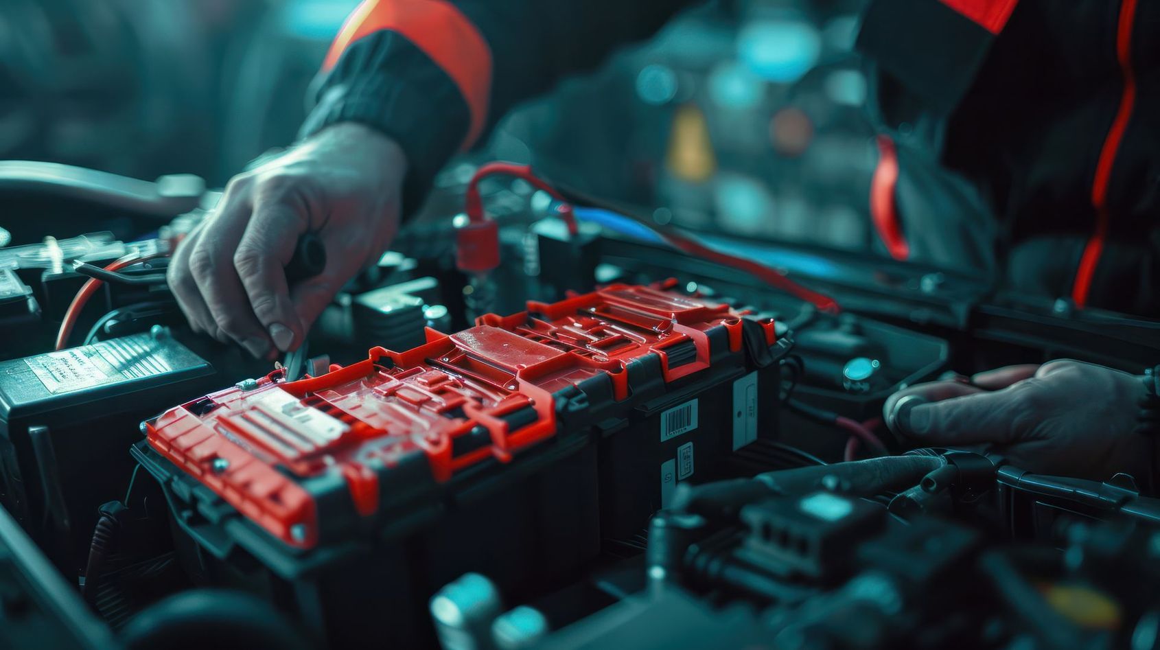 Technicien travaillant sur une carte de circuit imprimé rouge avec des outils dans un atelier faiblement éclairé.