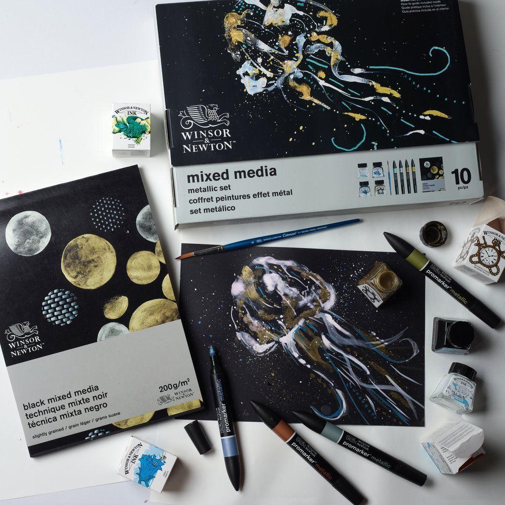 Coffret d'art technique mixte Winsor & Newton, comprenant un carnet de croquis, une peinture de méduse, des pinceaux, des flacons d'encre et des stylos.