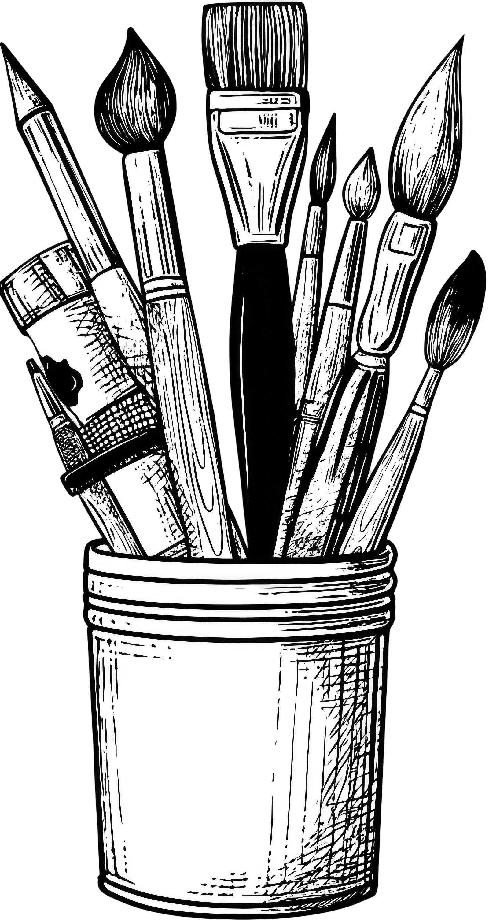 Pinceaux assortis et un tube de peinture dans un pot, dessinés en noir et blanc.