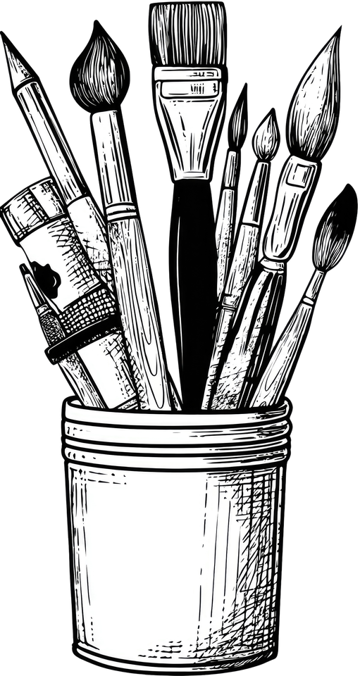 Pinceaux assortis et un tube de peinture dans un pot, dessinés en noir et blanc.