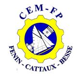 Logo CEM-FP: engrenage jaune avec cercle bleu et voilier, inscription FENIN-CATTAUX-BESSEautour.