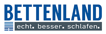 Logo für BETTENLAND, mit blauem Text und einem grauen Untertitel mit der Aufschrift 