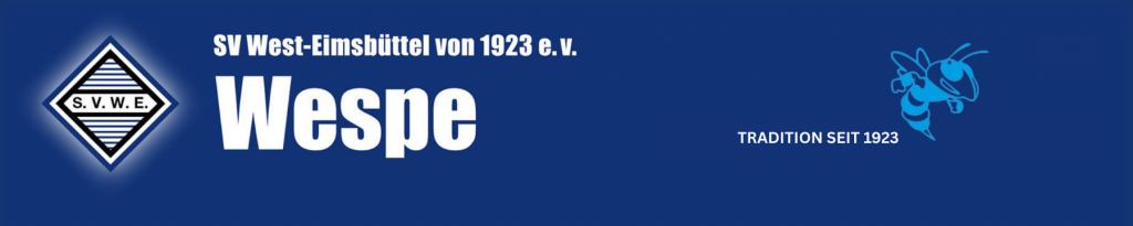 Blaues Banner mit dem Vereinslogo des SV West-Eimsbüttel von 1923 e.V., dem Text „Wespe“ und einer blauen Wespengrafik.