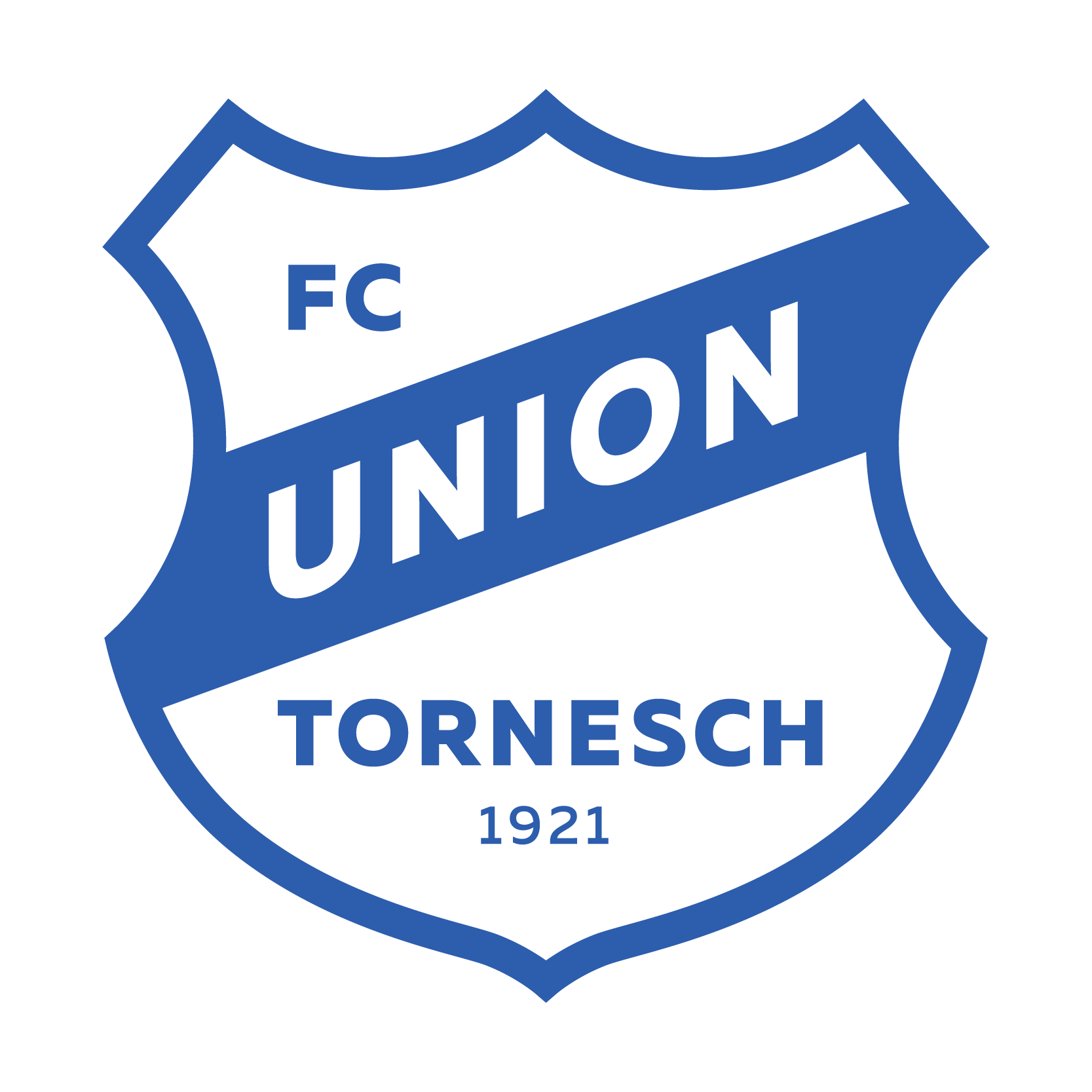 Blau-weißes Wappenlogo des FC Union Tornesch 1921 mit einem diagonalen Streifen und dem Schriftzug „UNION“ auf einem schildförmigen Untergrund.