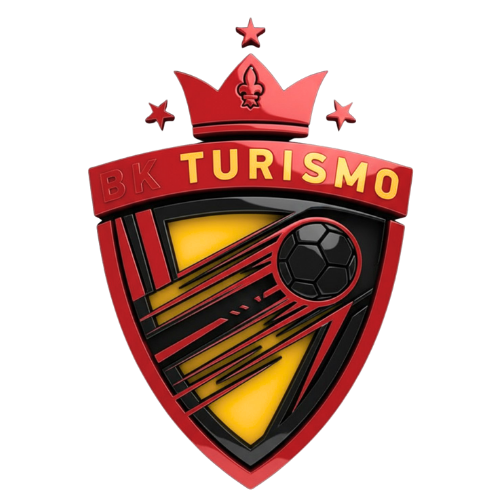 Rotes und schwarzes Schildlogo mit Krone, Sternen, einem Fußball und dem gelben Schriftzug „BK TURISMO“.