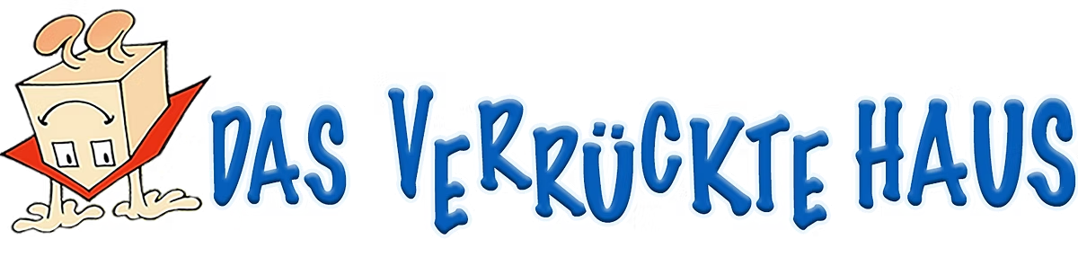 Ein auf dem Kopf stehendes Cartoon-Haus mit einem Gesicht neben dem blauen Text „DAS VERRÜCKTE HAUS“.