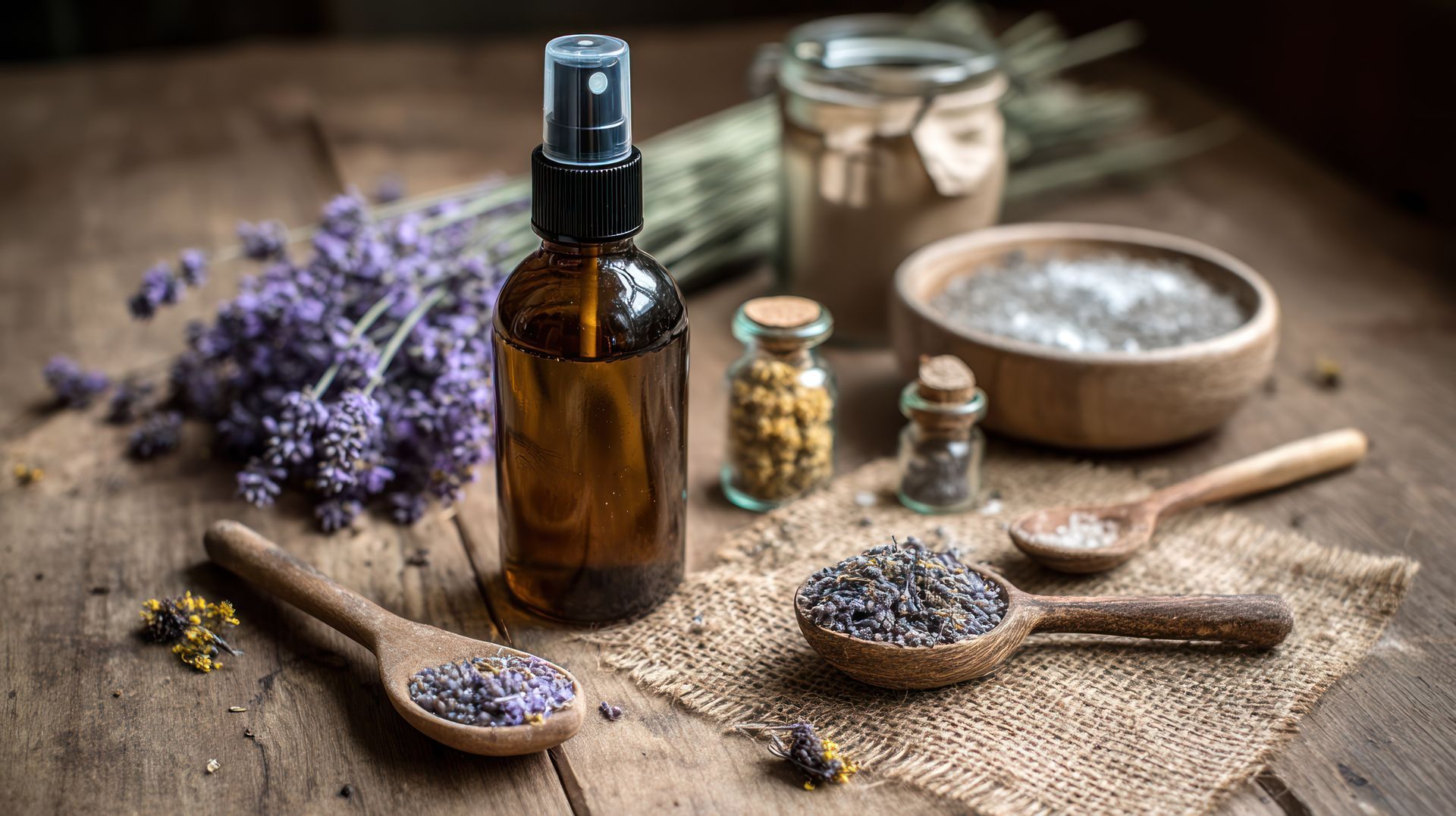 Disposition de lavande, d'un flacon pulvérisateur, d'herbes et d'ingrédients sur une surface en bois rustique.