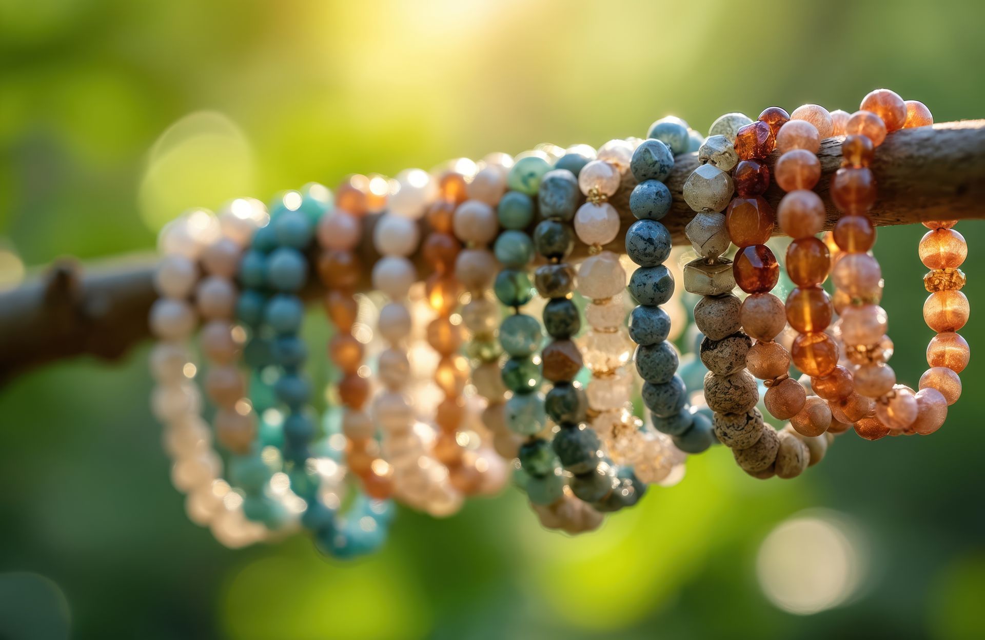 Des bracelets de couleurs variées suspendus à une branche, baignés par la lumière vive du soleil, se détachant sur un fond vert flou.