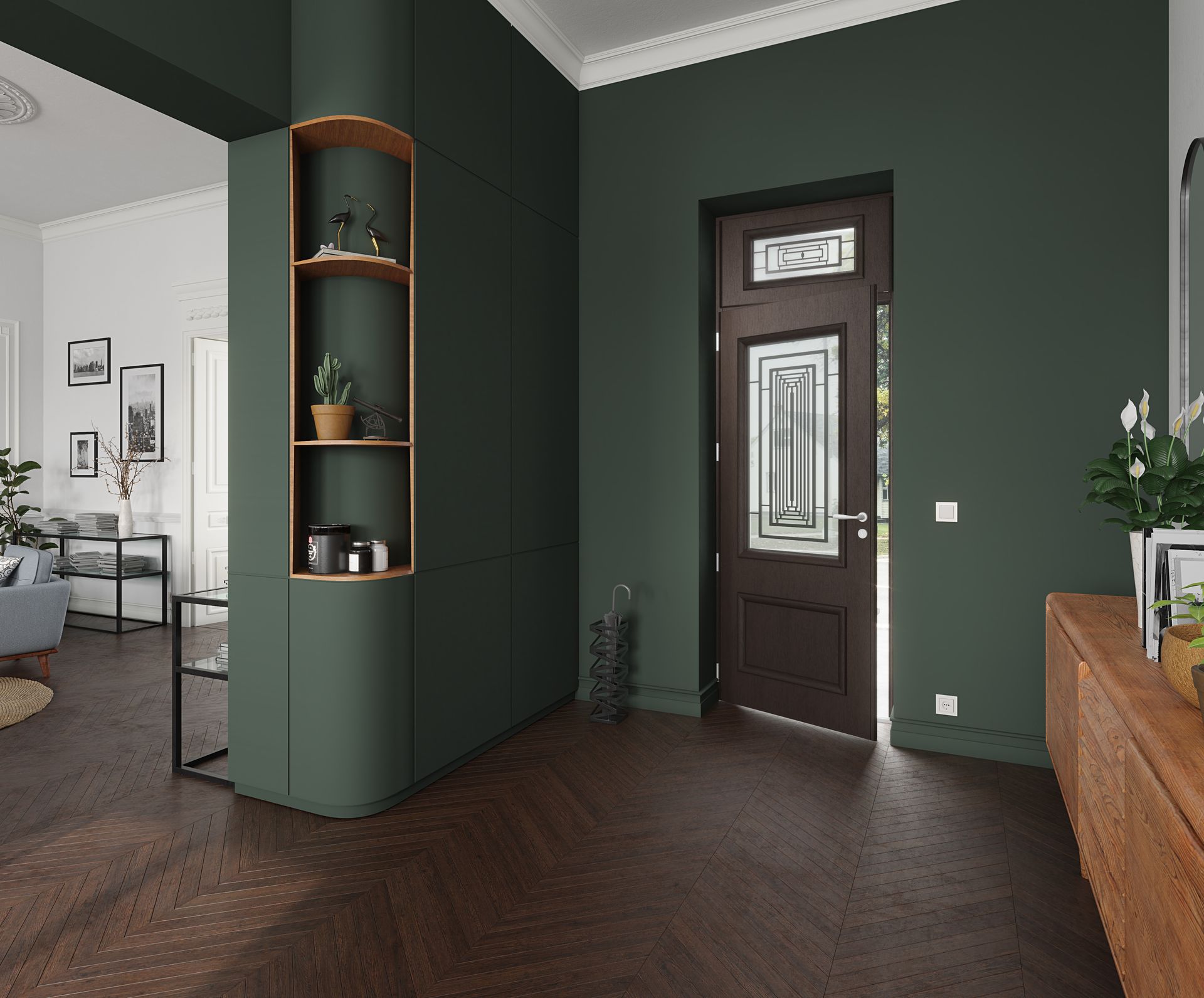 Porte en bois mat dans une entrée couleur sapin et bois