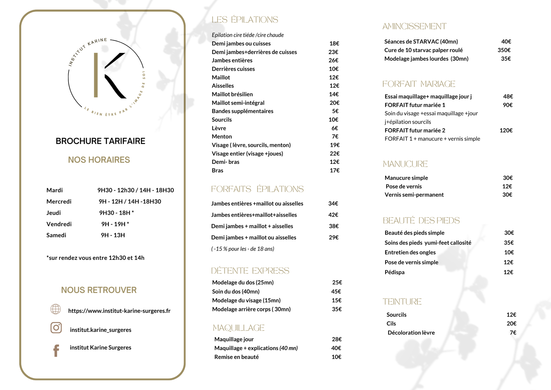 Brochure tarifaire pour adultes